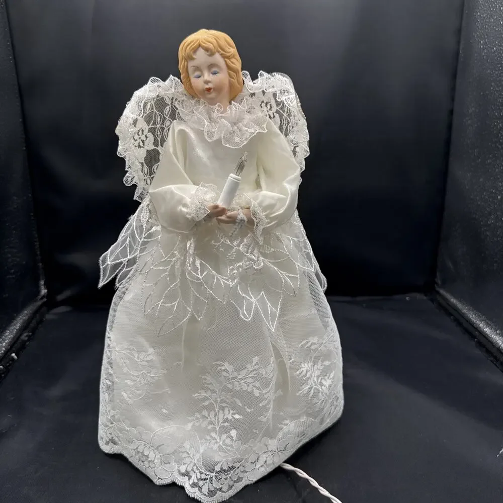 vintage porcelain angel tree topper Lights Closed 12” Tall Works